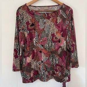 Chico’s Size 2 (Large) Abstract Floral Autumn Blouse Earth Tones Colorful Casual